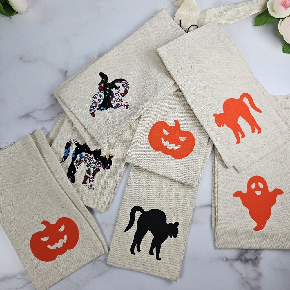 Halloween treat bags with hemp ties. Organic cotton, 15 variety pack. 9x5